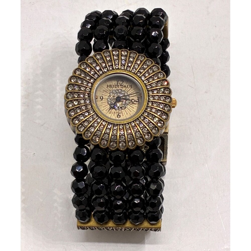Heidi Daus Black Beaded Bracelet Watch With Rhinestone & Gold-Tone Accents
